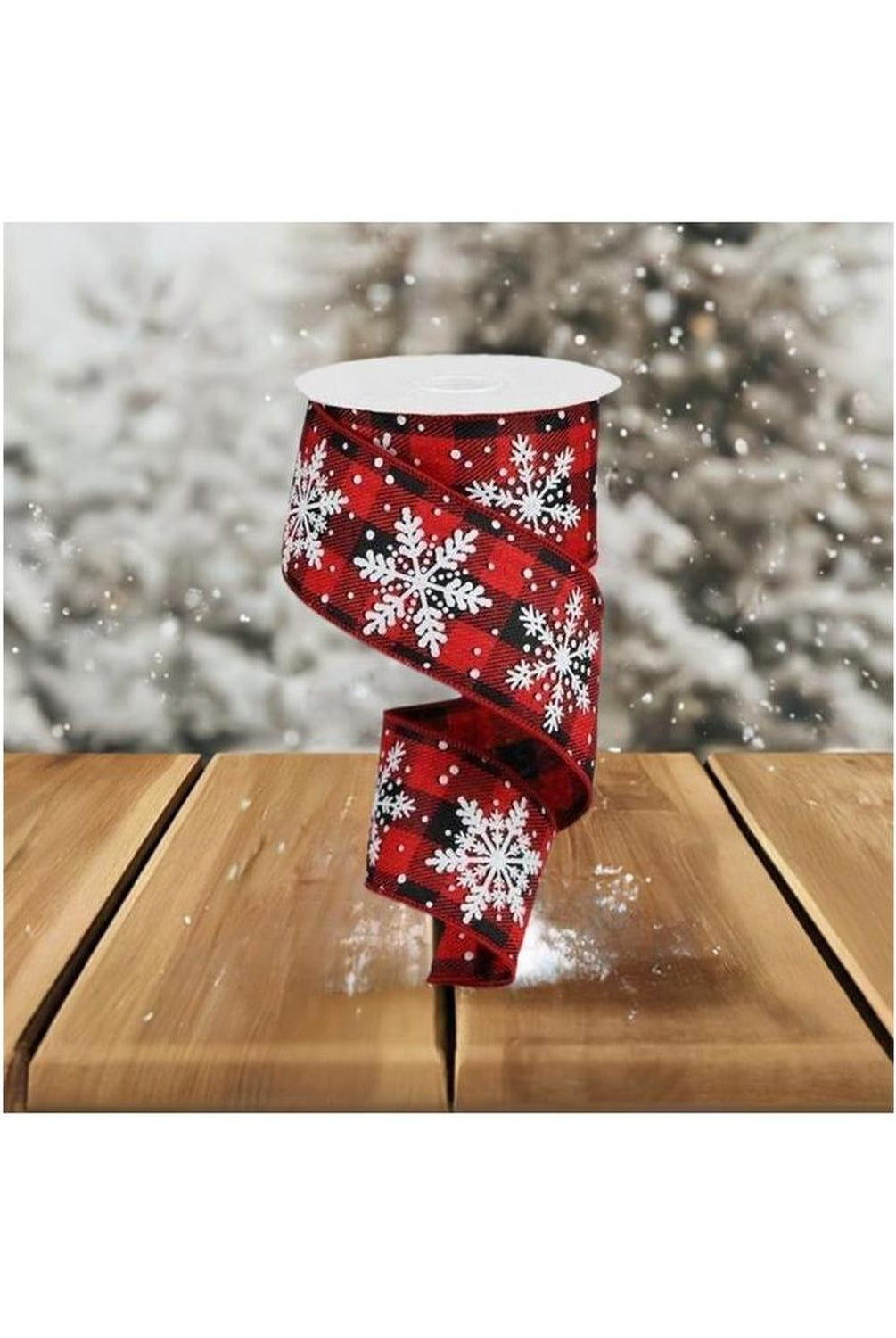 2.5" Glittered Snowflakes Ribbon: Buffalo Plaid (10 Yards)
