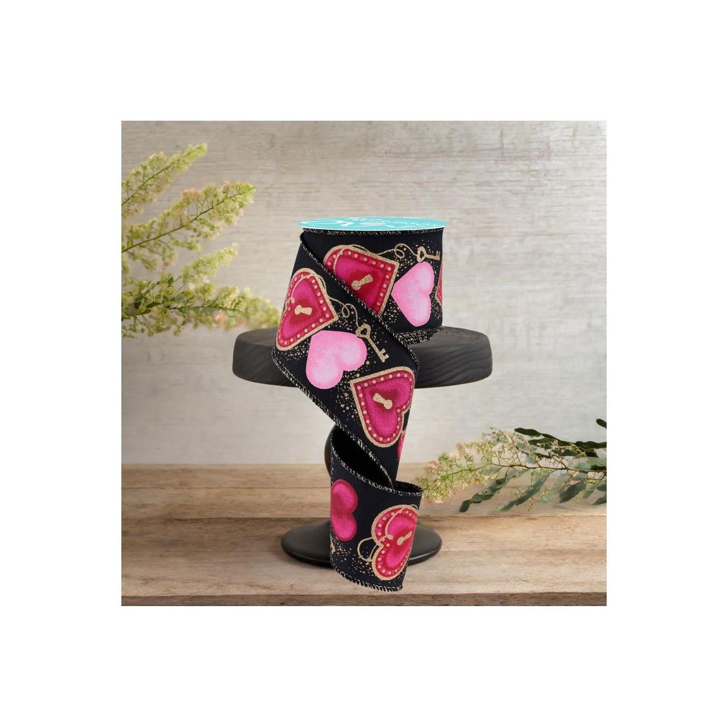 2.5" Heart Locks Ribbon: Black (10 Yards)