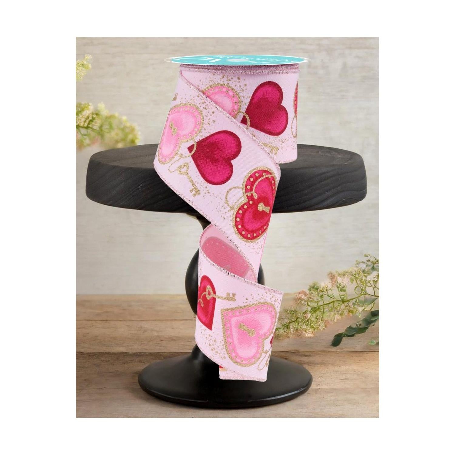 2.5" Heart Locks Ribbon: Pale Pink (10 Yards)