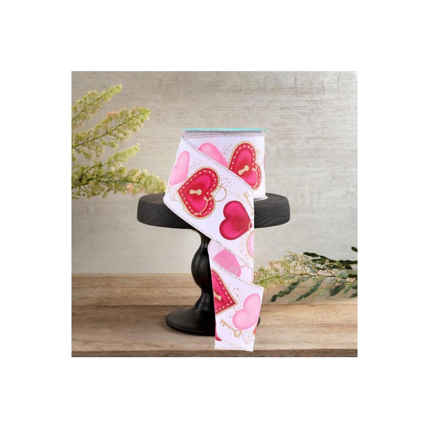 2.5" Heart Locks Ribbon: White (10 Yards)