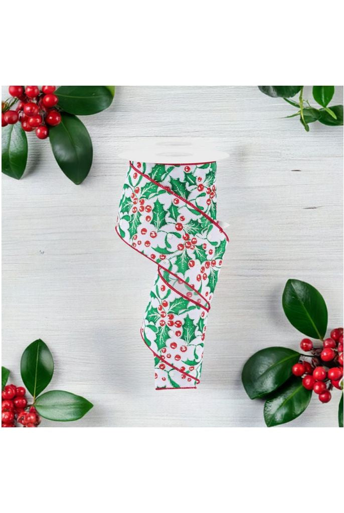Shop For 2.5" Holly Berry Mistletoe Ribbon: White/Green (10 Yards) at Michelle's aDOORable Creations