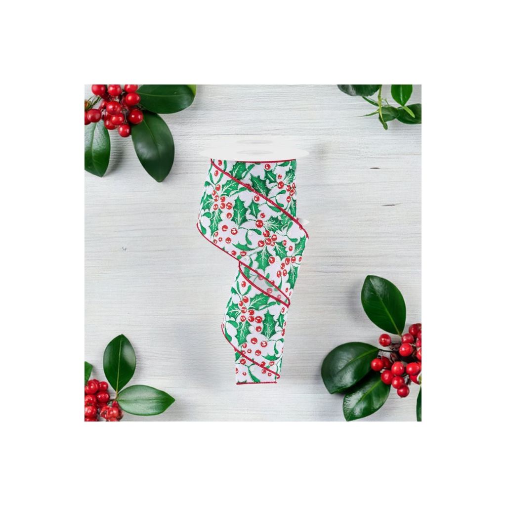 Shop For 2.5" Holly Berry Mistletoe Ribbon: White/Green (10 Yards) at Michelle's aDOORable Creations