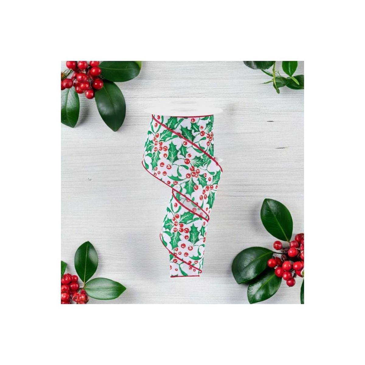 Shop For 2.5" Holly Berry Mistletoe Ribbon: White/Green (10 Yards) at Michelle's aDOORable Creations