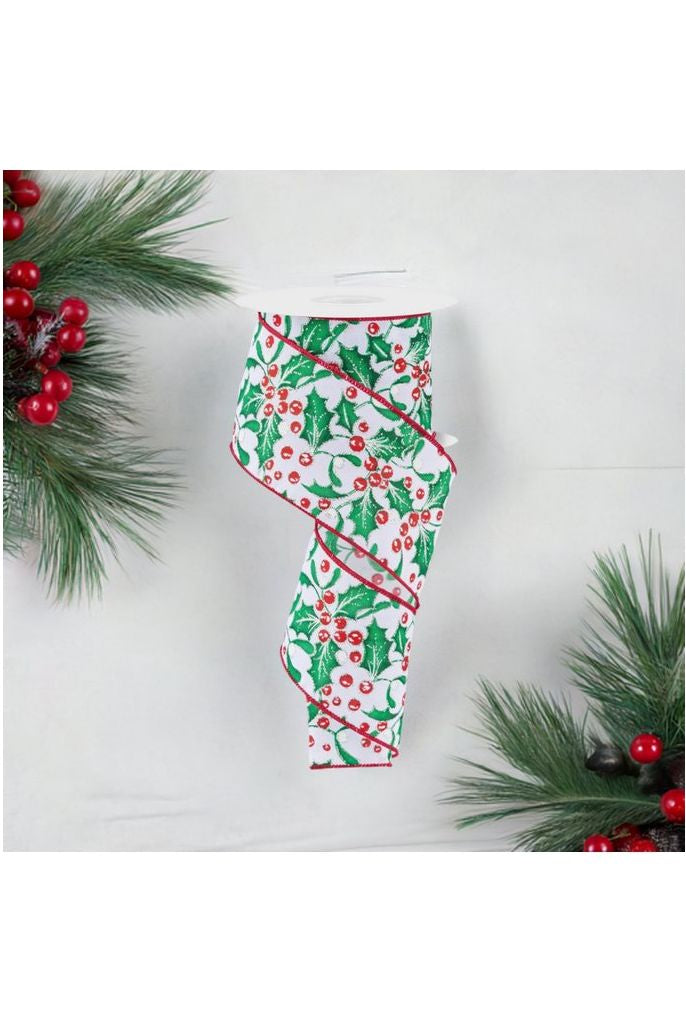Shop For 2.5" Holly Berry Mistletoe Ribbon: White/Green (10 Yards) at Michelle's aDOORable Creations