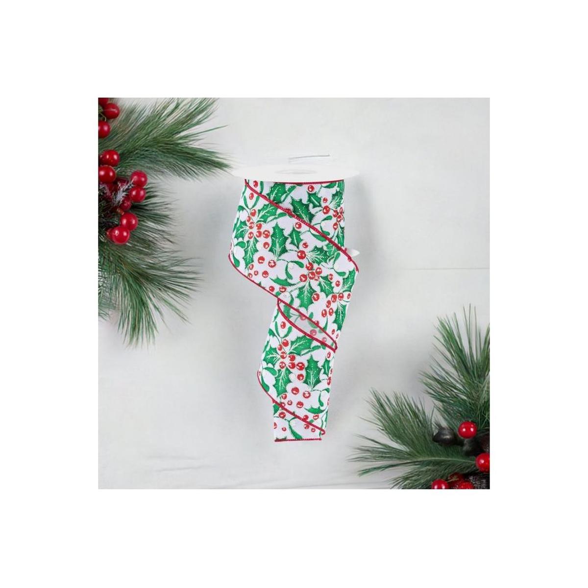 Shop For 2.5" Holly Berry Mistletoe Ribbon: White/Green (10 Yards) at Michelle's aDOORable Creations
