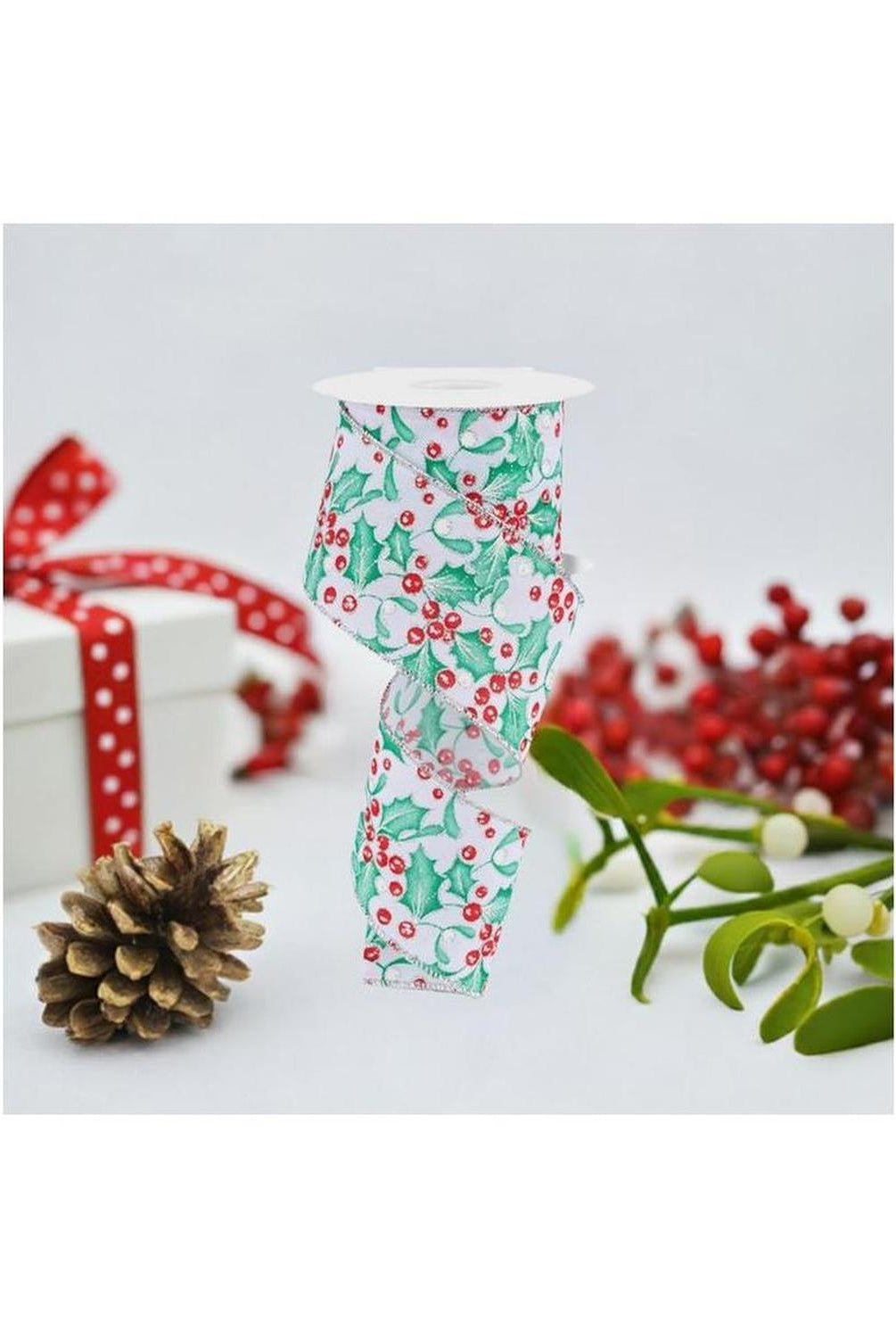 2.5" Holly Berry Mistletoe Ribbon: White/Mint (10 Yards)