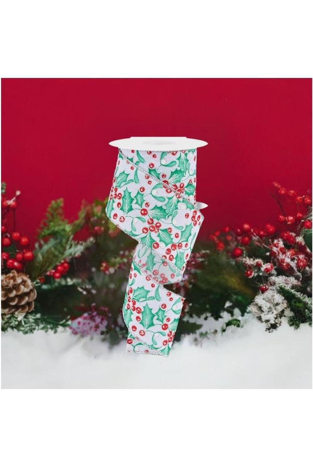2.5" Holly Berry Mistletoe Ribbon: White/Mint (10 Yards)