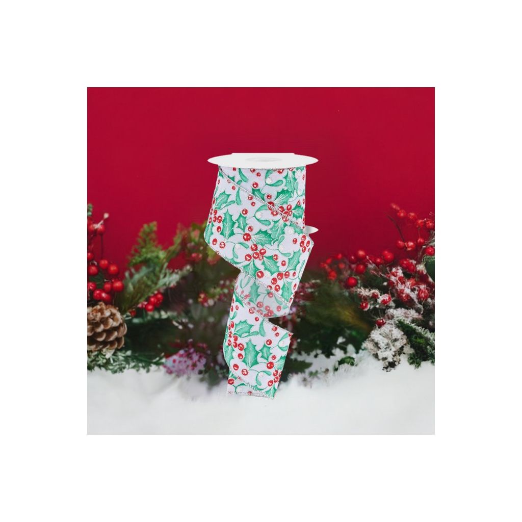 Shop For 2.5" Holly Berry Mistletoe Ribbon: White/Mint (10 Yards) at Michelle's aDOORable Creations