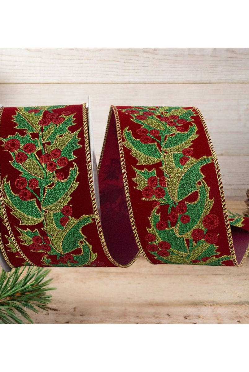 Shop For 2.5" Holly Leaves Glitter Velvet Ribbon: Wine (10 Yards)
