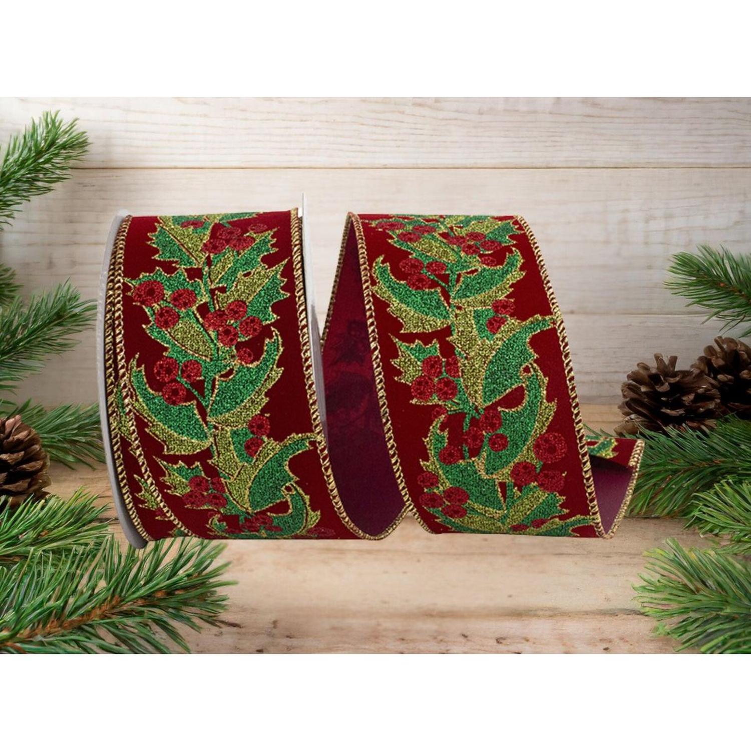Shop For 2.5" Holly Leaves Glitter Velvet Ribbon: Wine (10 Yards)