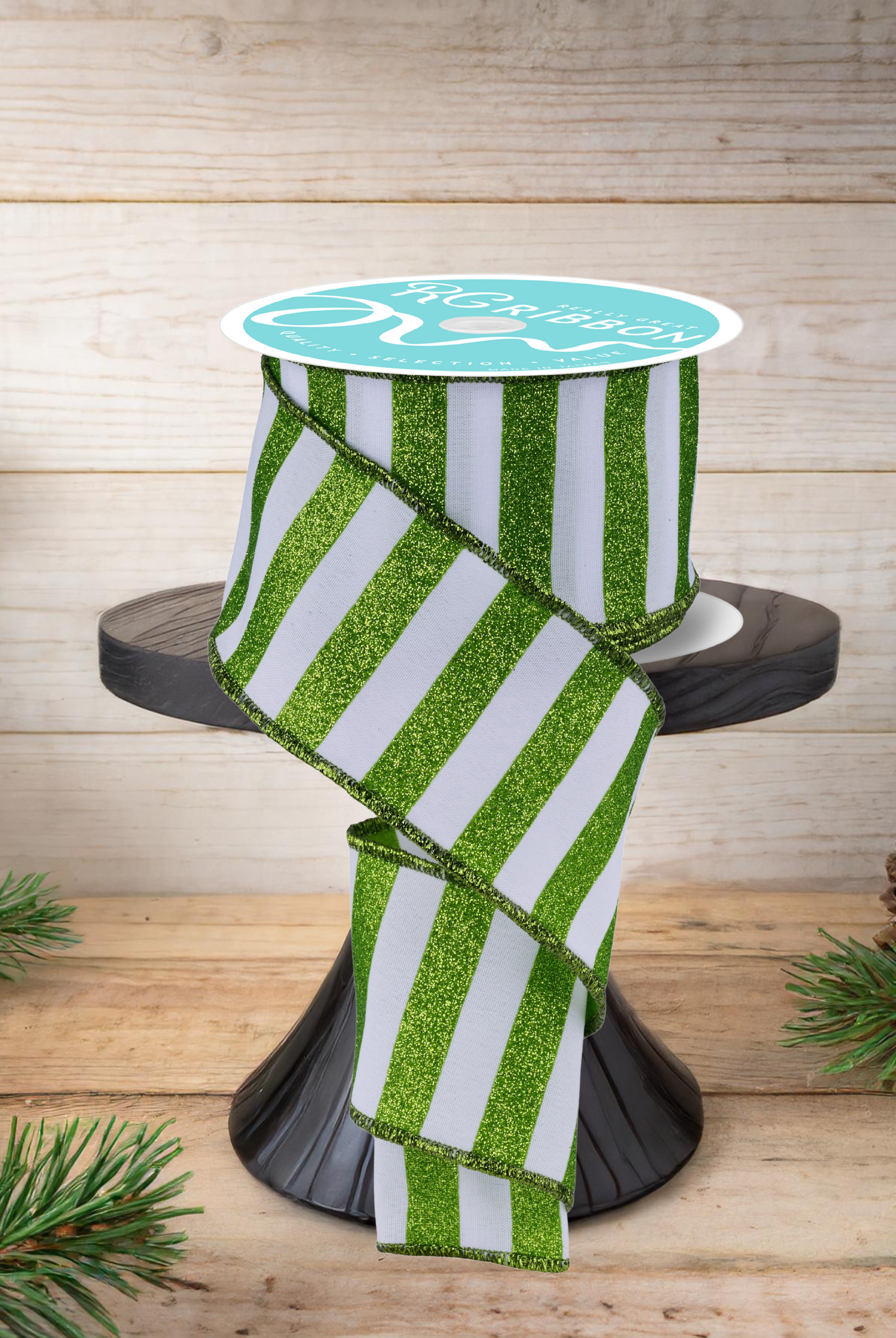 Shop For 2.5" Horizontal Glitter Stripes Ribbon: Lime & White (10 Yards)