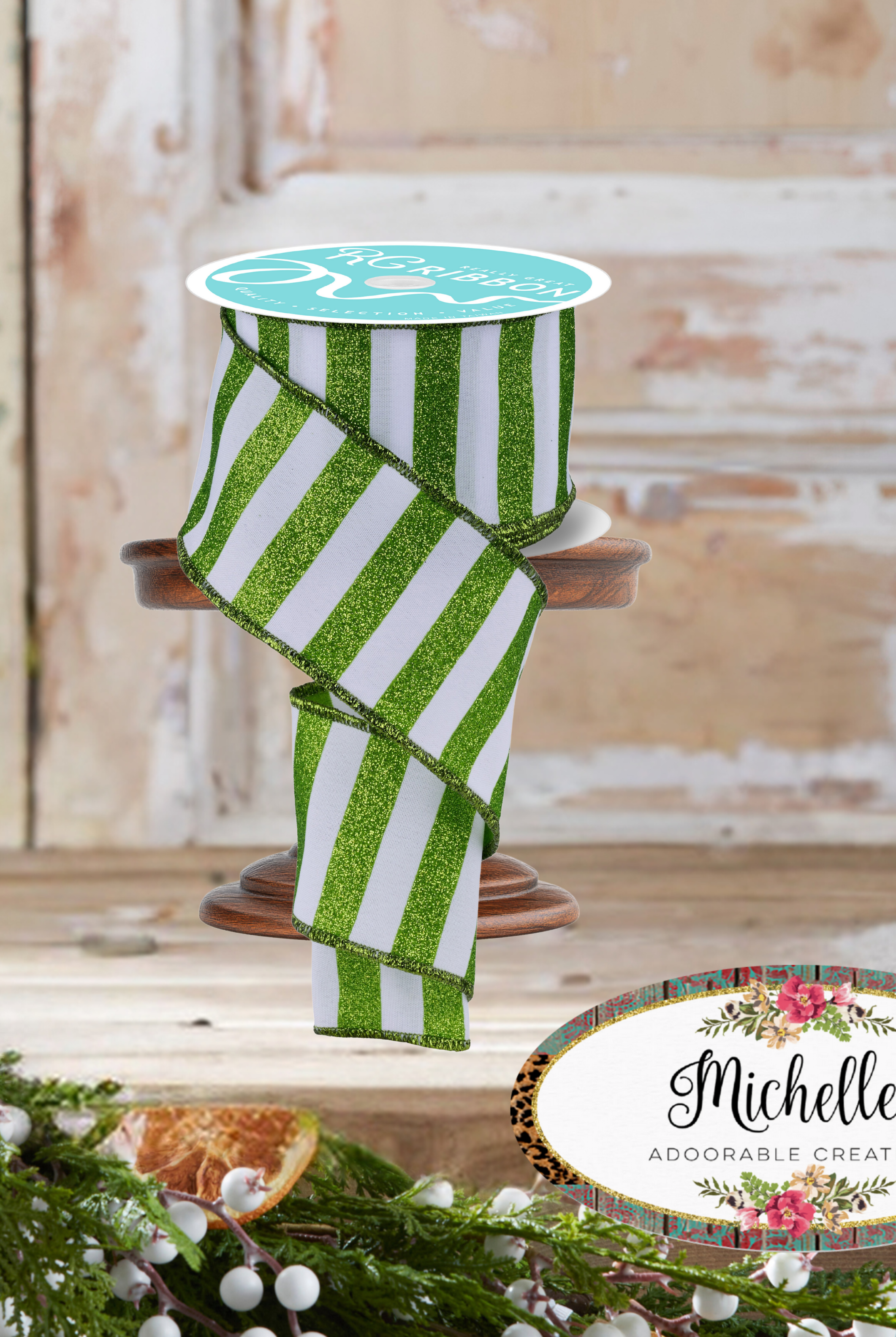 Shop For 2.5" Horizontal Glitter Stripes Ribbon: Lime & White (10 Yards)