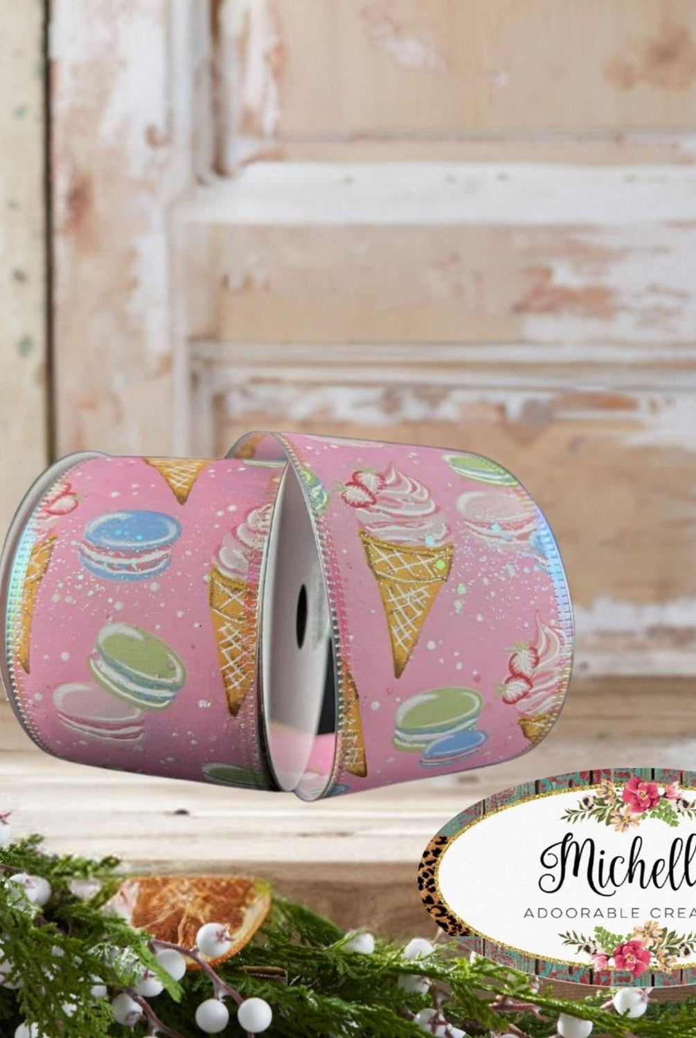 2.5" Ice Cream Macarons Ribbon: Pink (10 Yards)