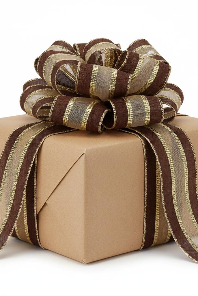 2.5-inch brown and gold wired burlap mesh ribbon tied in a decorative bow on a gift box.