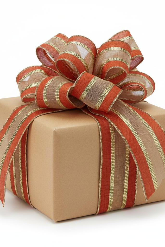 2.5-inch rust and gold striped burlap mesh ribbon tied in a bow on a gift box.