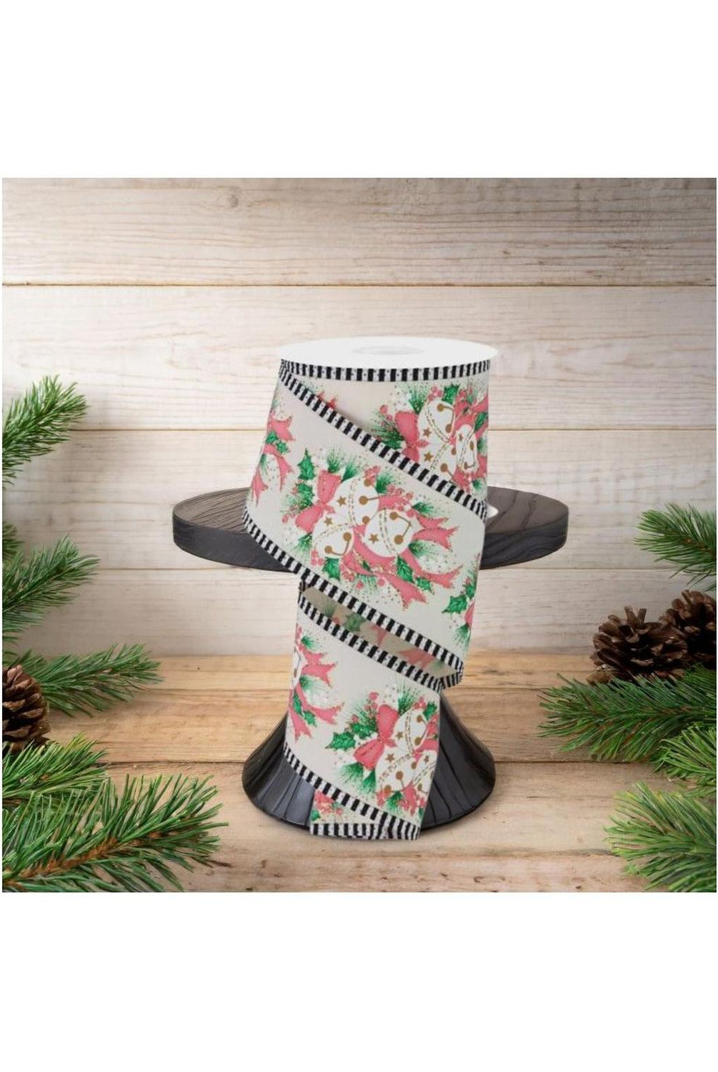 2.5" Jingle Bell Holly Stripe Edge Ribbon: Ivory (10 Yards)