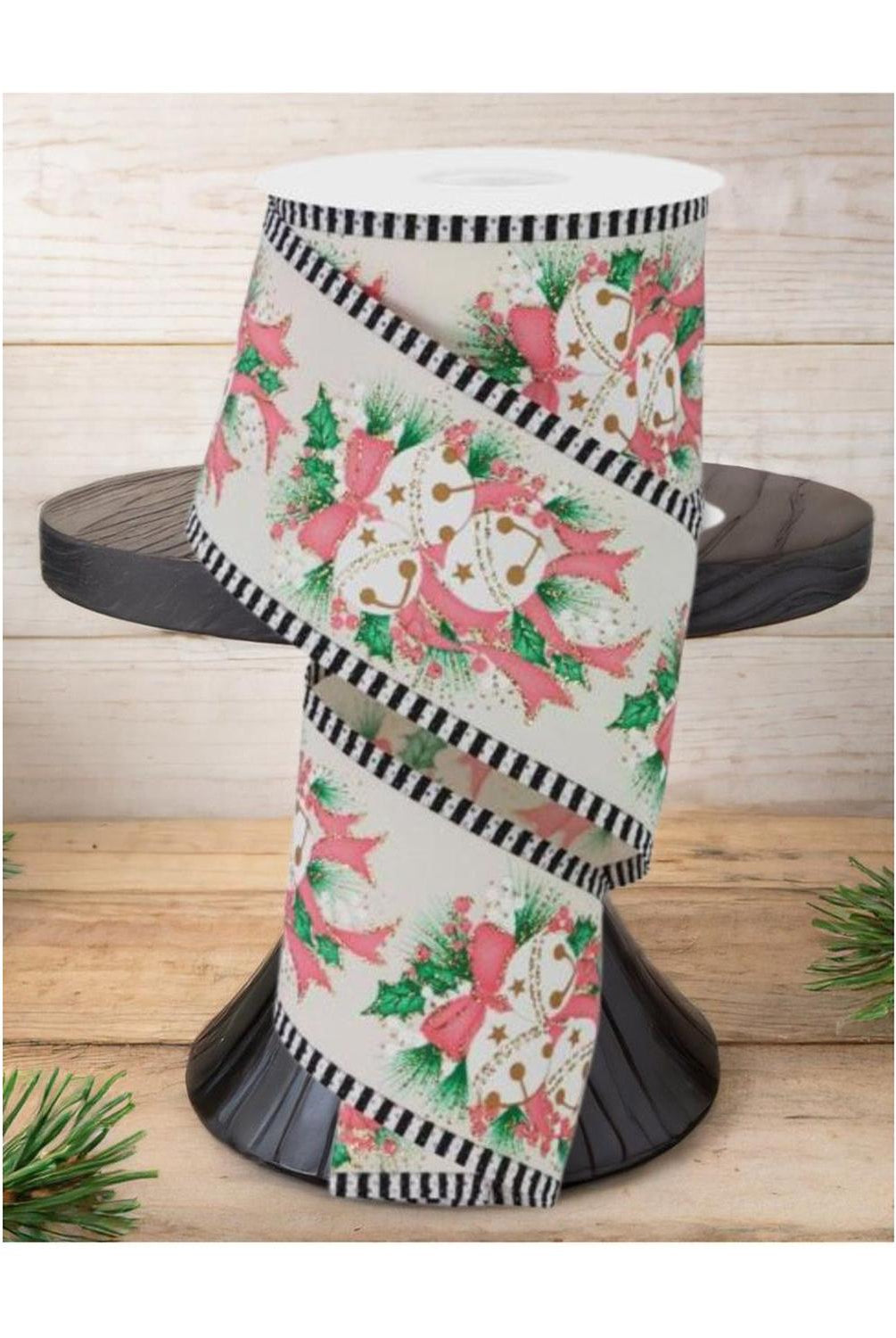 2.5" Jingle Bell Holly Stripe Edge Ribbon: Ivory (10 Yards)