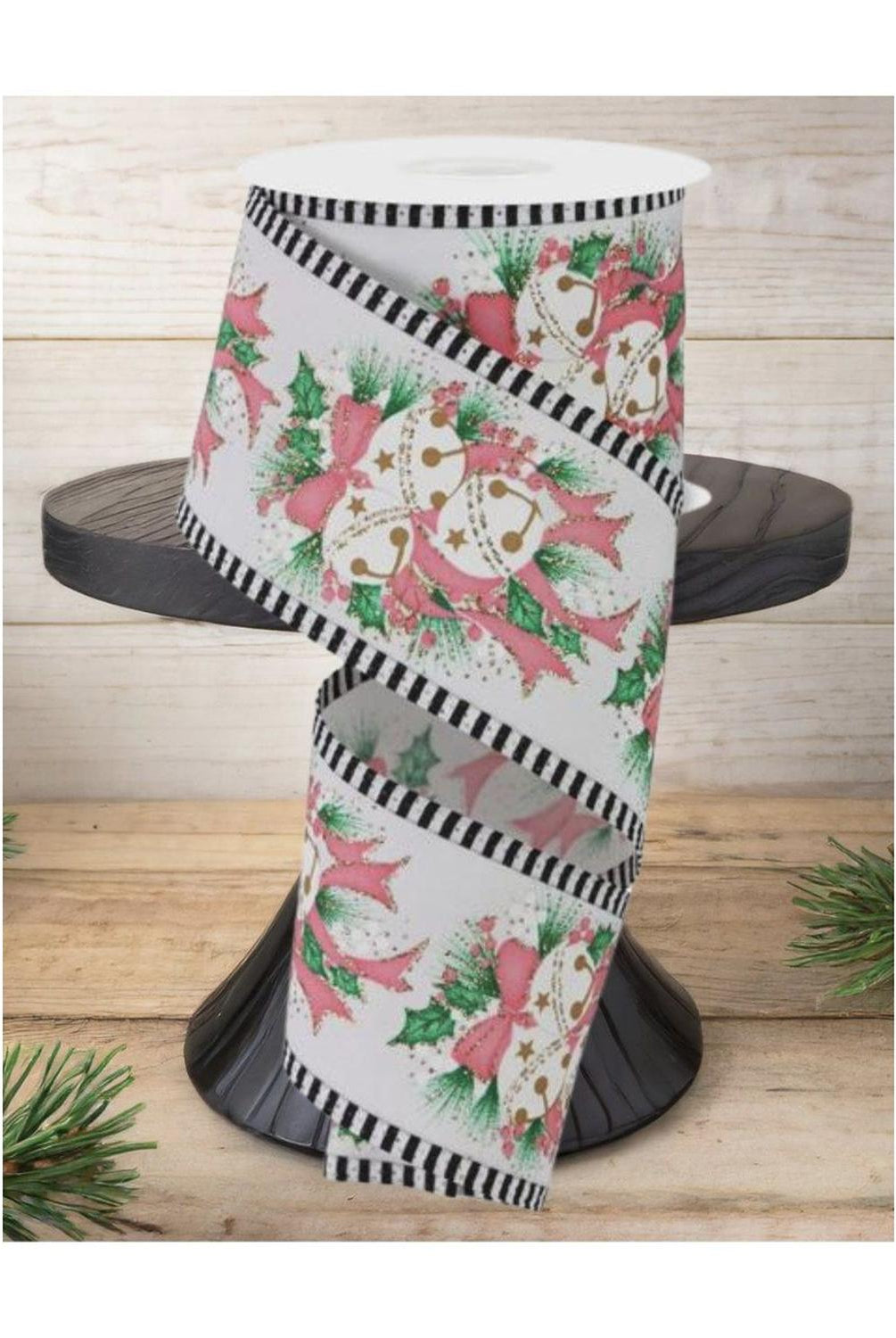 2.5" Jingle Bell Holly Stripe Edge Ribbon: White (10 Yards)