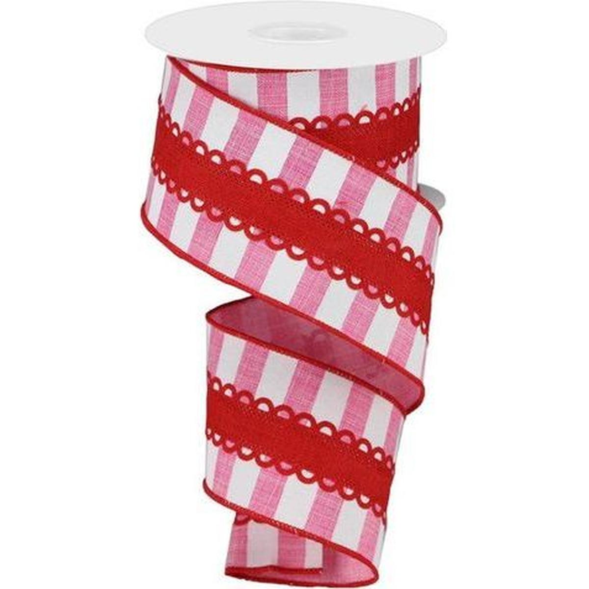 Shop For 2.5" Lace On Horizontal Stripe Ribbon: Pink/White (10 Yards)