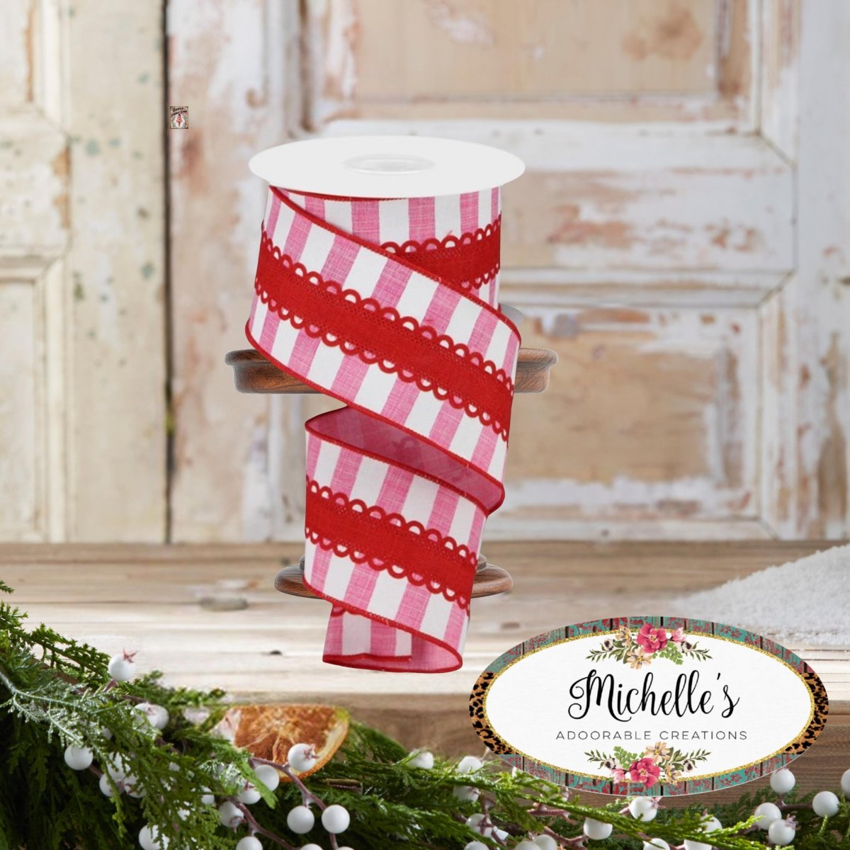 Shop For 2.5" Lace On Horizontal Stripe Ribbon: Pink/White (10 Yards)