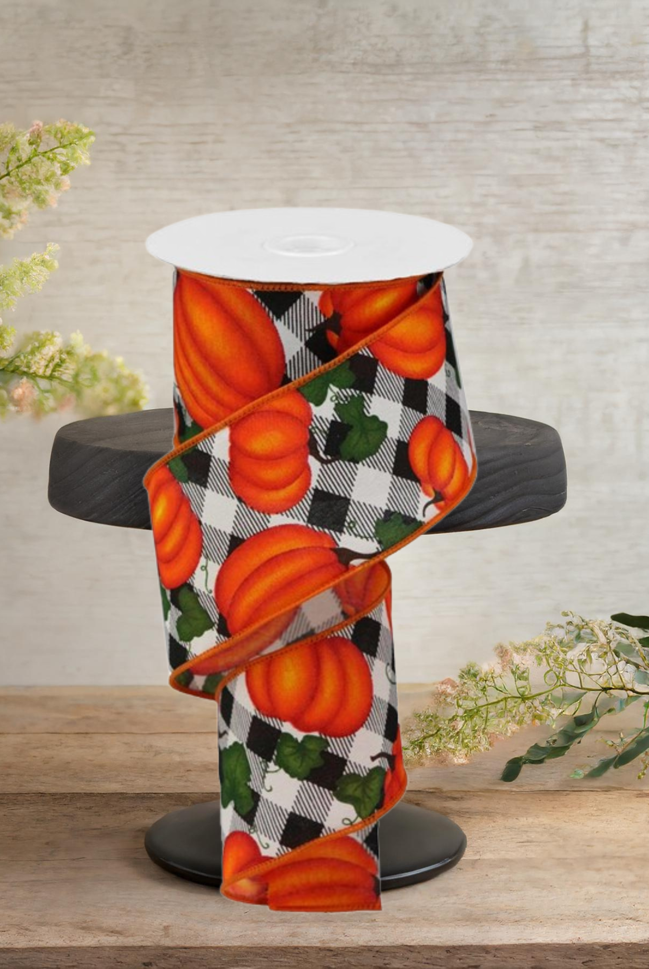 Shop For 2.5" Leaves Pumpkin on Check Ribbon: Cream (10 Yards)
