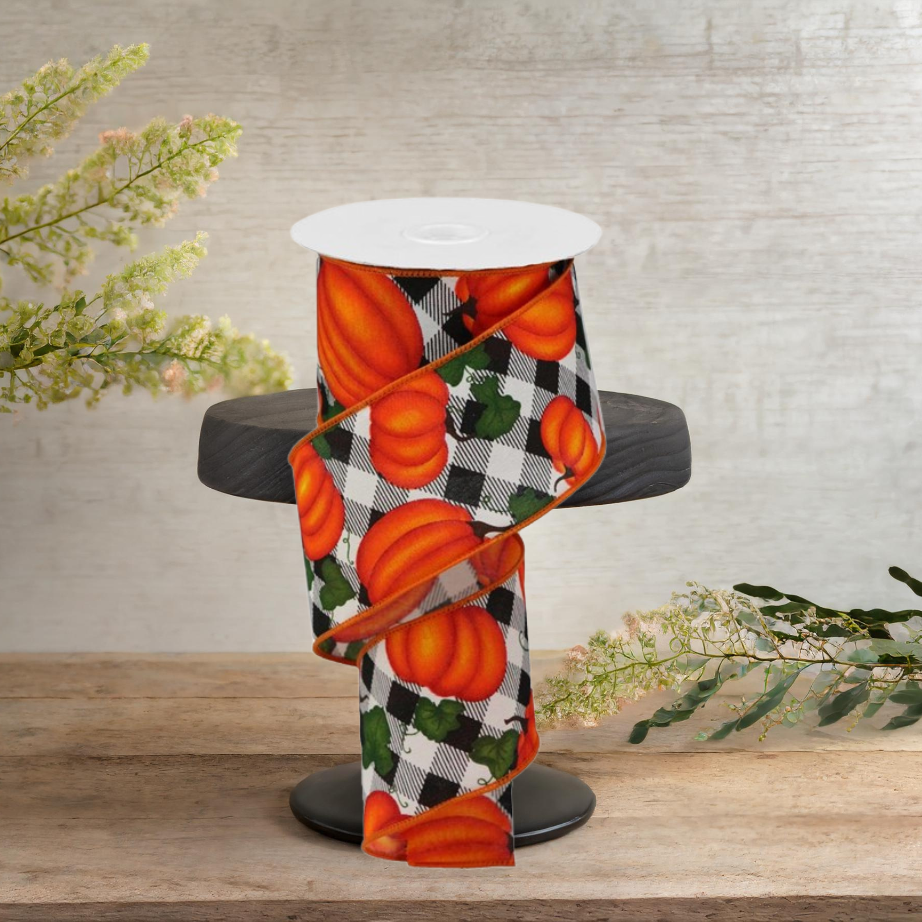 Shop For 2.5" Leaves Pumpkin on Check Ribbon: Cream (10 Yards)