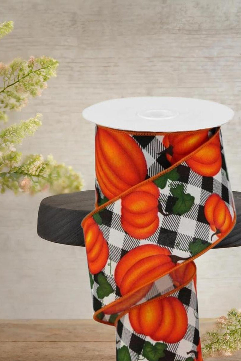 Shop For 2.5" Leaves Pumpkin on Check Ribbon: Cream (10 Yards)