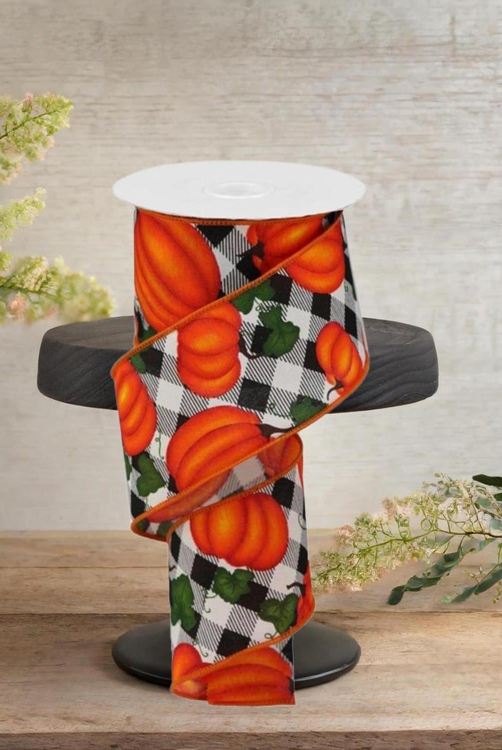 Shop For 2.5" Leaves Pumpkin on Check Ribbon: Cream (10 Yards)