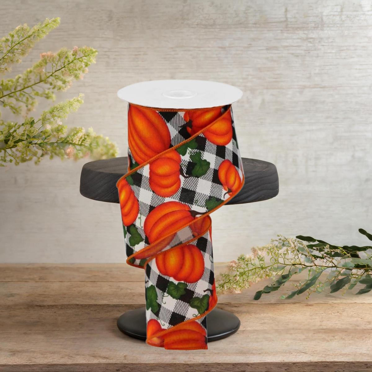 Shop For 2.5" Leaves Pumpkin on Check Ribbon: Cream (10 Yards)