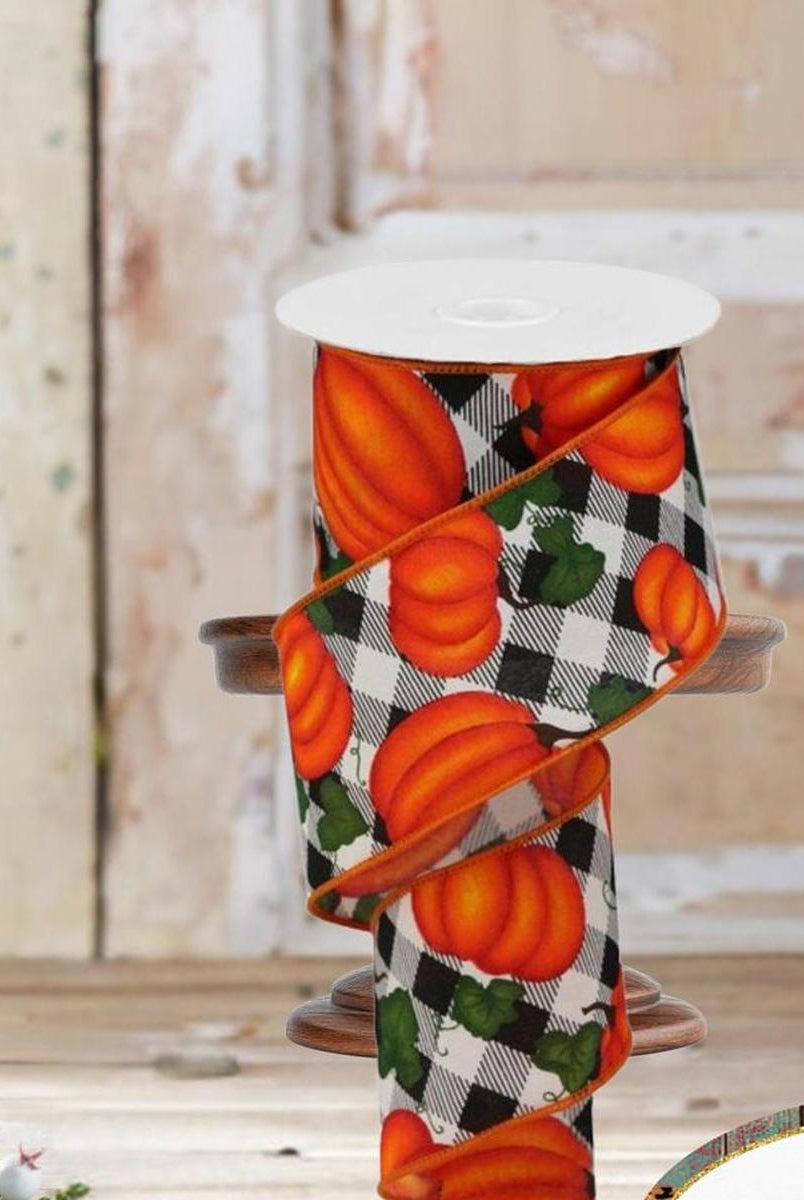 Shop For 2.5" Leaves Pumpkin on Check Ribbon: Cream (10 Yards)