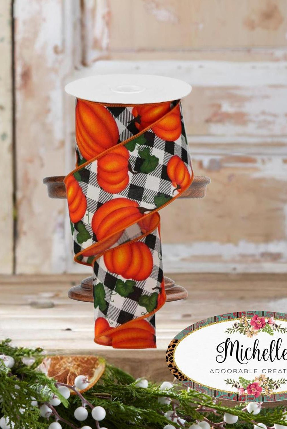 Shop For 2.5" Leaves Pumpkin on Check Ribbon: Cream (10 Yards)