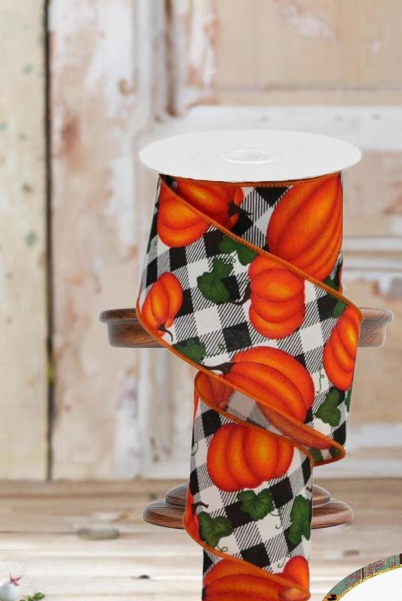 Shop For 2.5" Leaves Pumpkin on Check Ribbon: Cream (10 Yards)