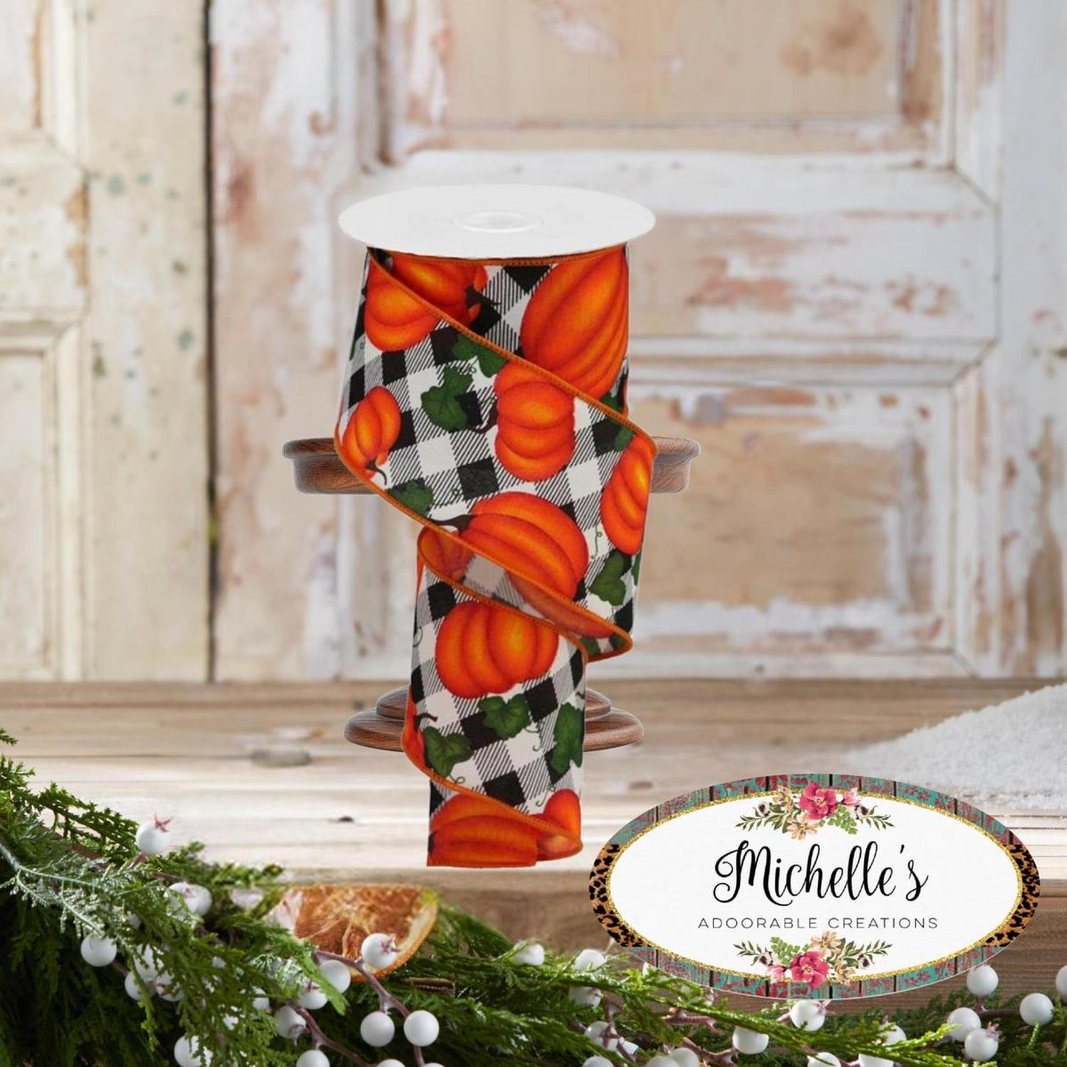 Shop For 2.5" Leaves Pumpkin on Check Ribbon: Cream (10 Yards)