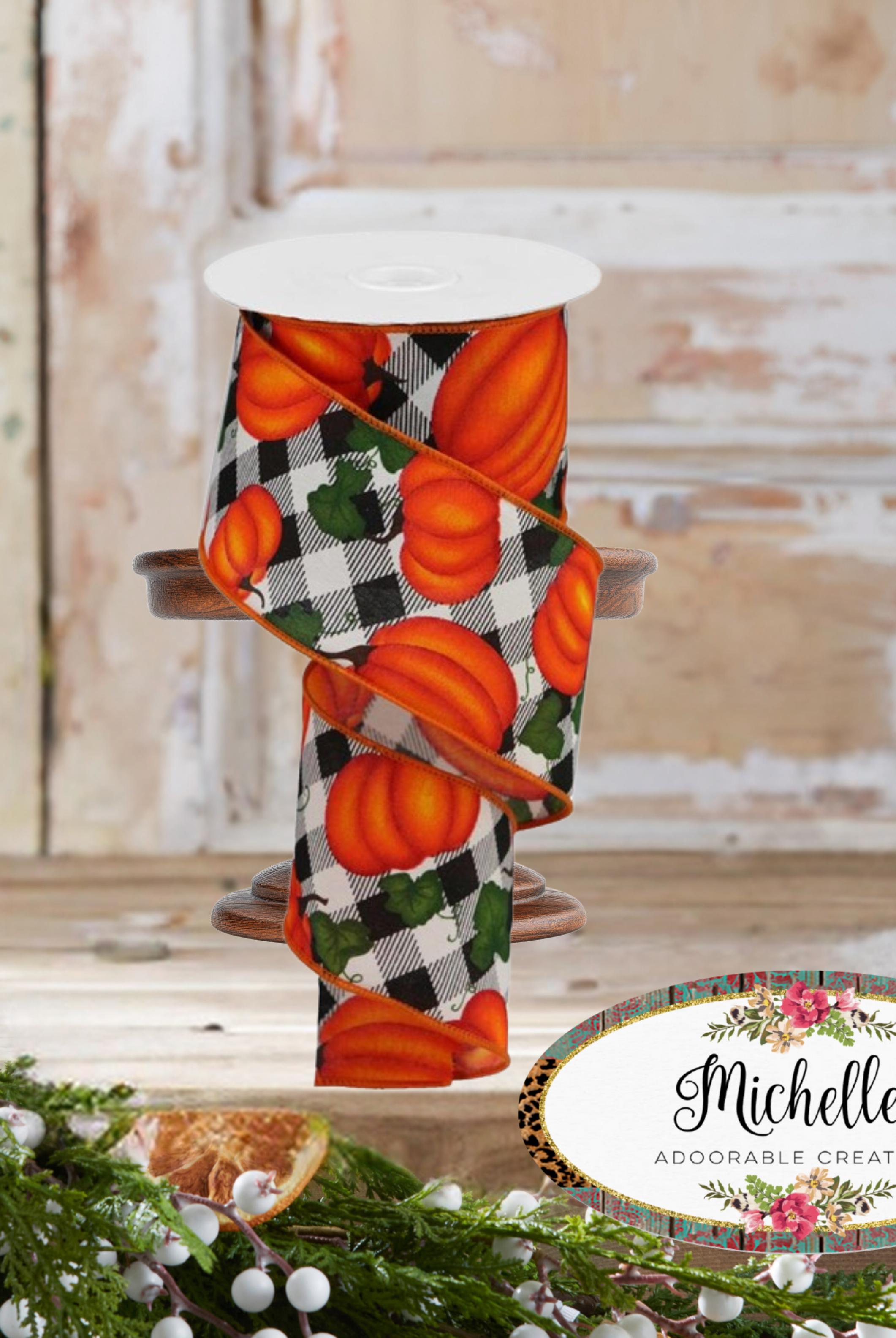 Shop For 2.5" Leaves Pumpkin on Check Ribbon: Cream (10 Yards)