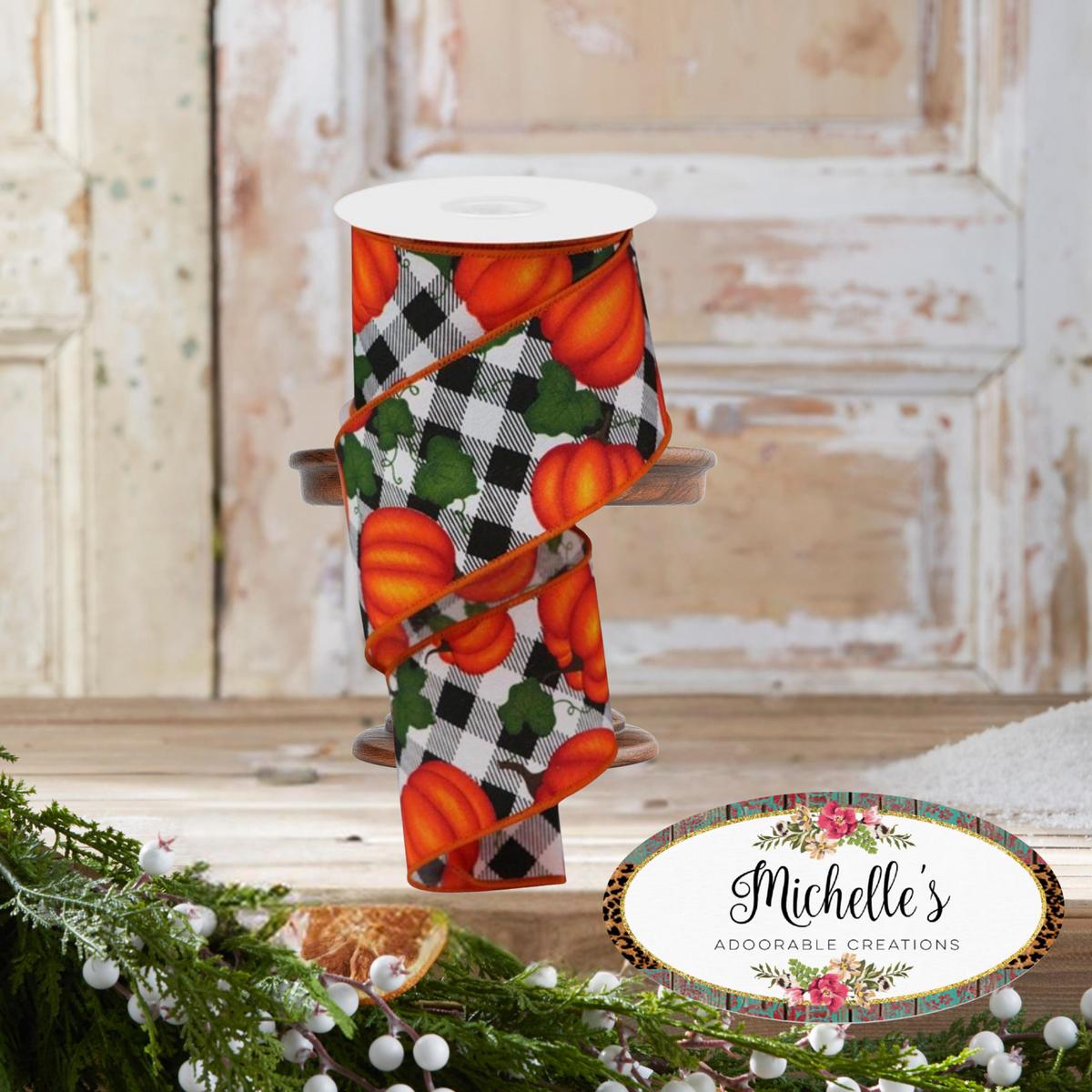 Shop For 2.5" Leaves Pumpkin on Check Ribbon: White (10 Yards)