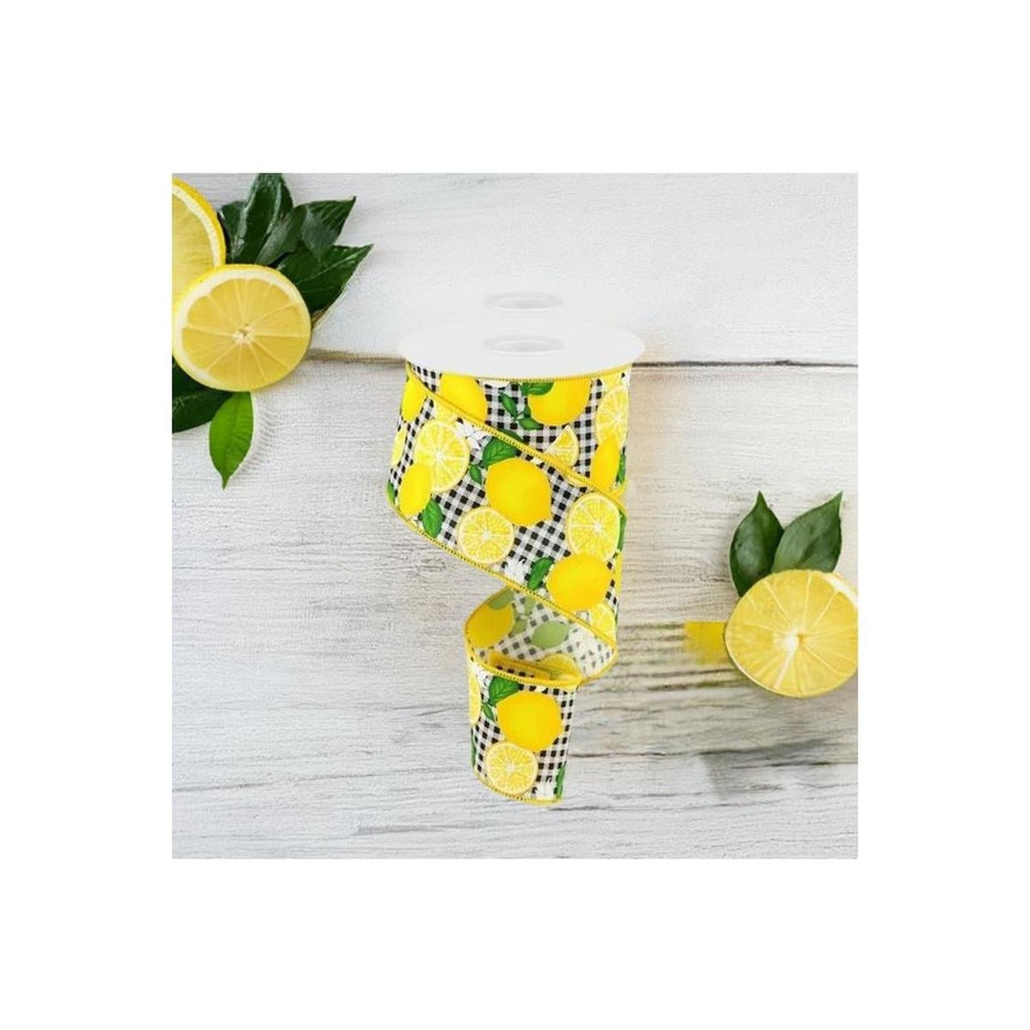 Shop For 2.5" Lemon with Leaves Check Ribbon: Black & White (10 Yards) at Michelle's aDOORable Creations