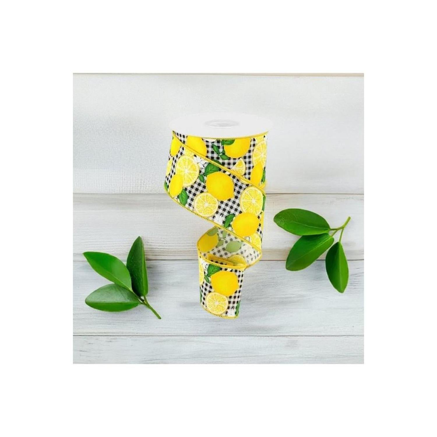 Shop For 2.5" Lemon with Leaves Check Ribbon: Black & White (10 Yards) at Michelle's aDOORable Creations