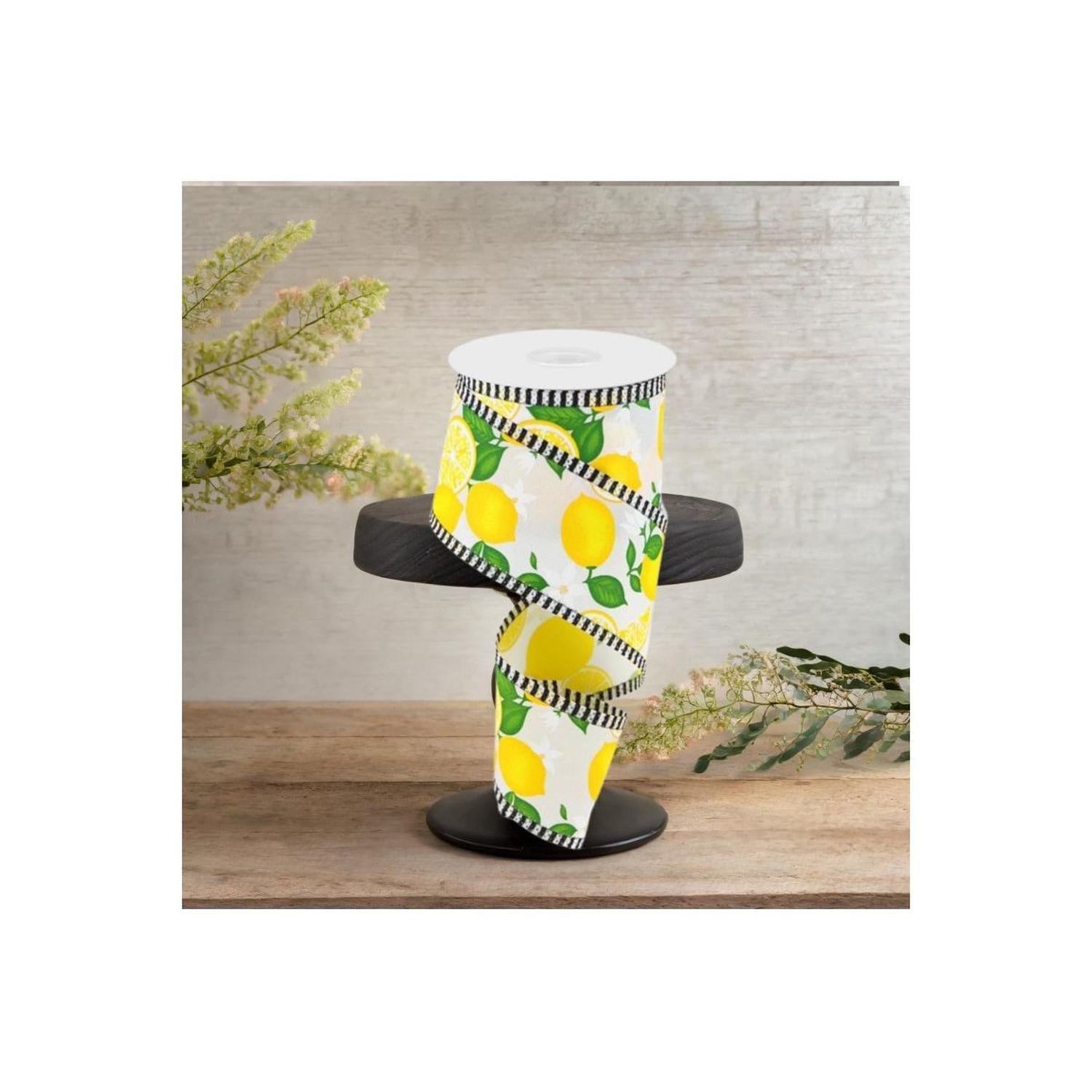 Shop For 2.5" Lemon with Leaves Thin Stripes Ribbon: White (10 Yards)