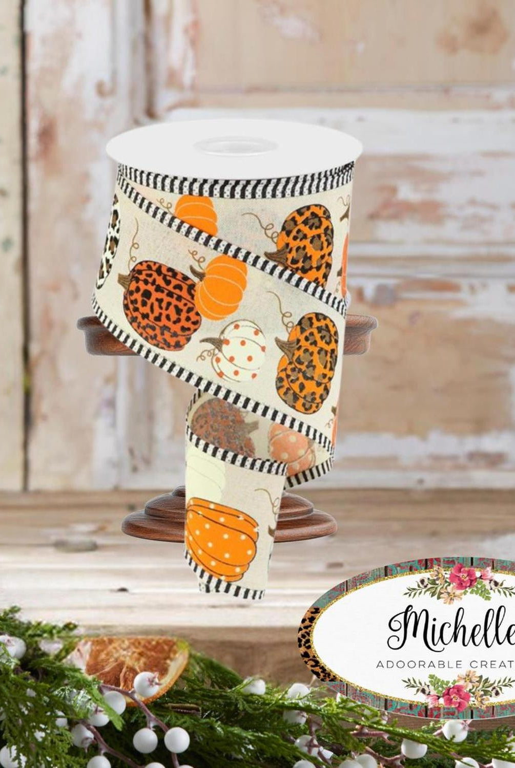 Shop For 2.5" Leopard Pumpkins Stripe Edge: Cream/Orange (10 Yards)