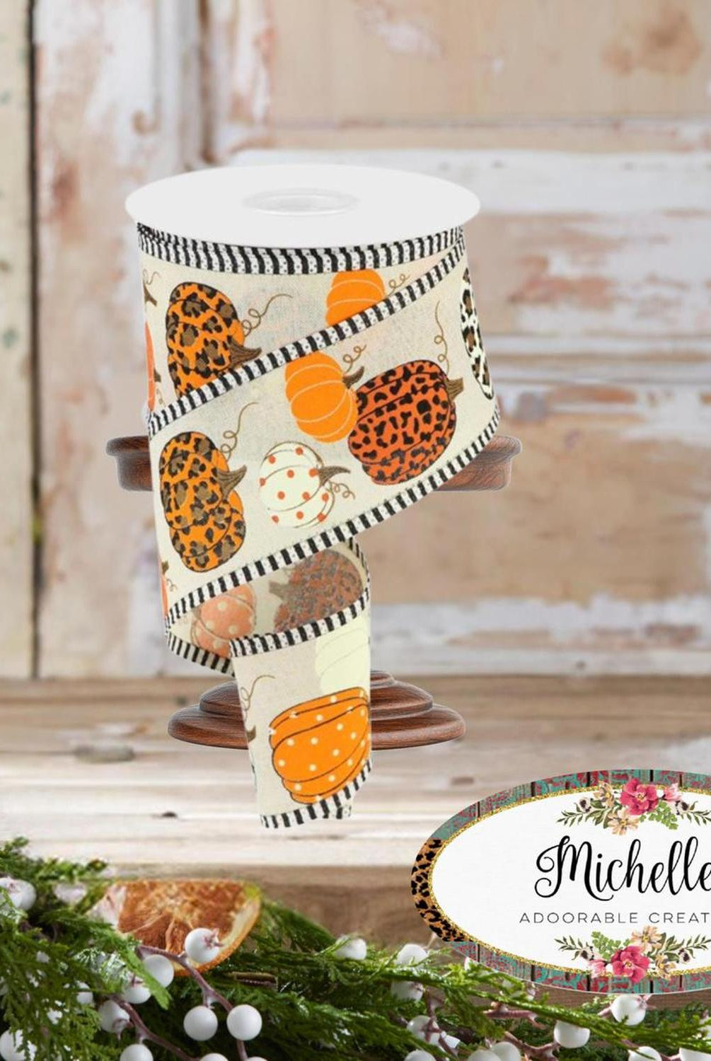 Shop For 2.5" Leopard Pumpkins Stripe Edge: Cream/Orange (10 Yards)