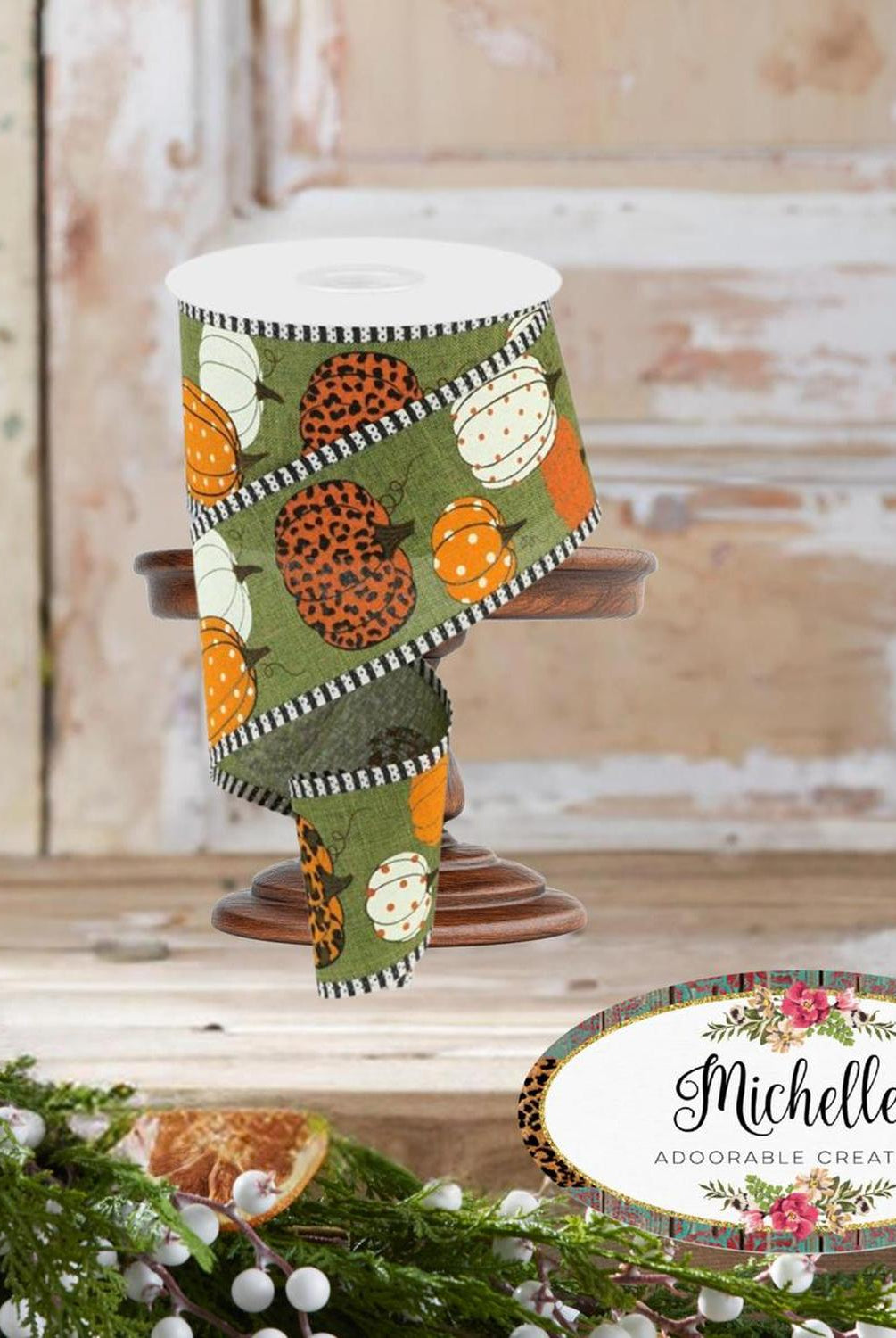 Shop For 2.5" Leopard Pumpkins Stripe Edge: Moss Green (10 Yards)