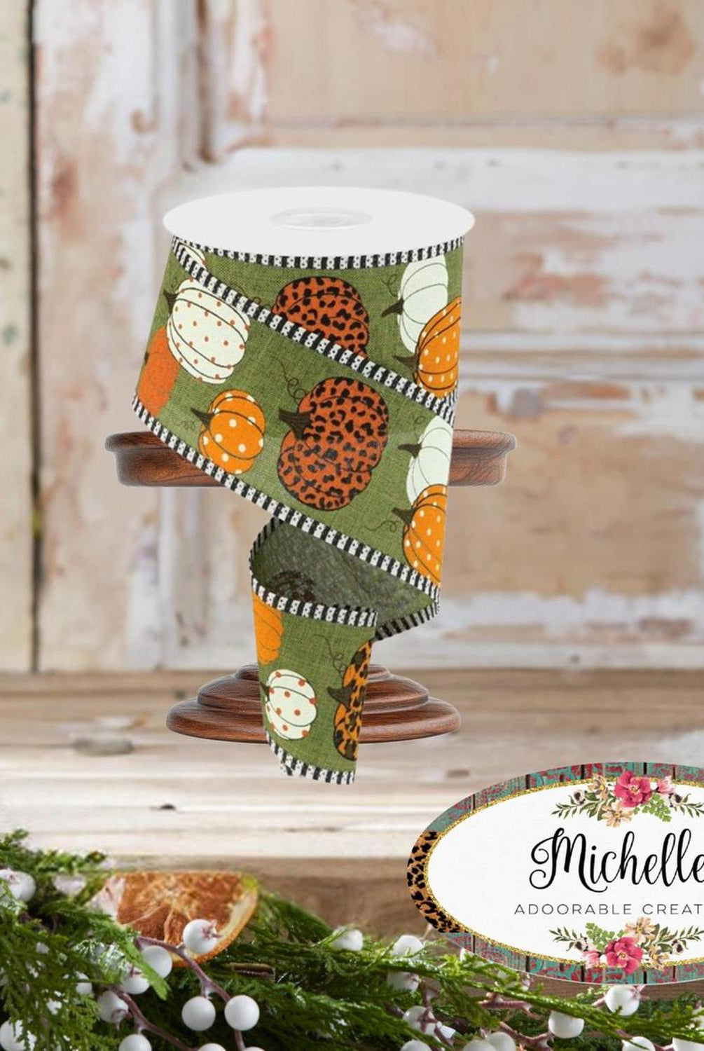 Shop For 2.5" Leopard Pumpkins Stripe Edge: Moss Green (10 Yards)