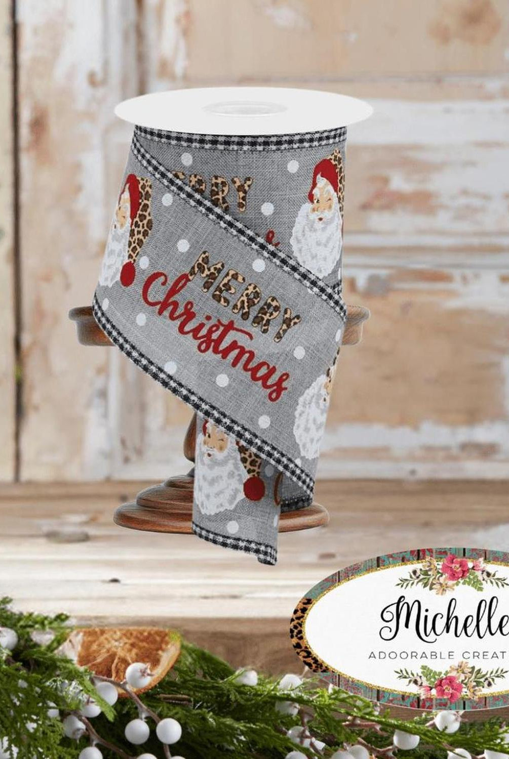 Shop For 2.5" Leopard Santa Check Edge Ribbon: Lt Grey (10 Yards)