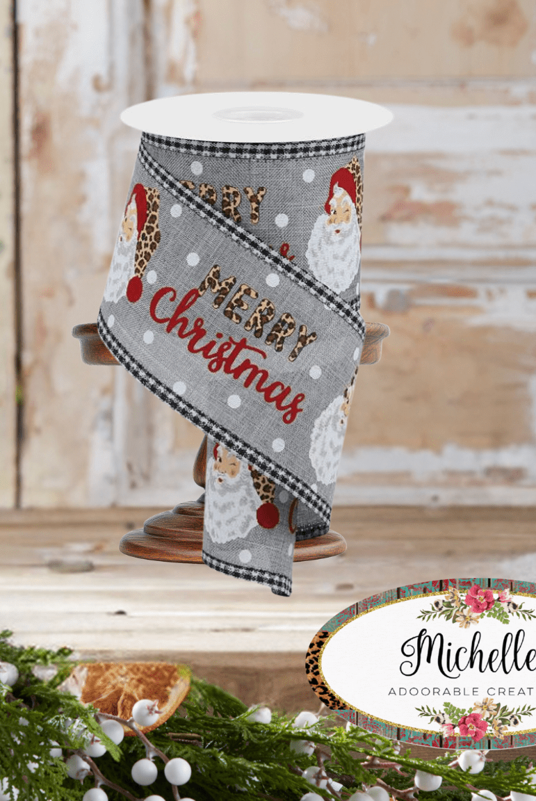 Shop For 2.5" Leopard Santa Check Edge Ribbon: Lt Grey (10 Yards)