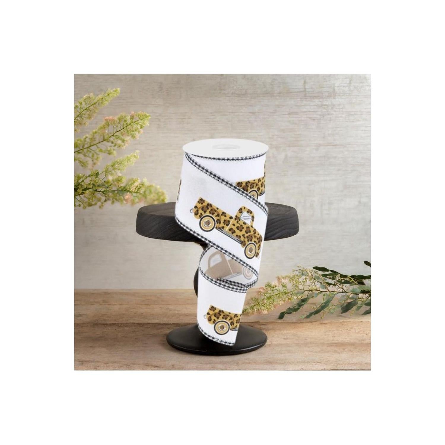Shop For 2.5" Leopard Truck Gingham Edge Ribbon: White (10 Yards)