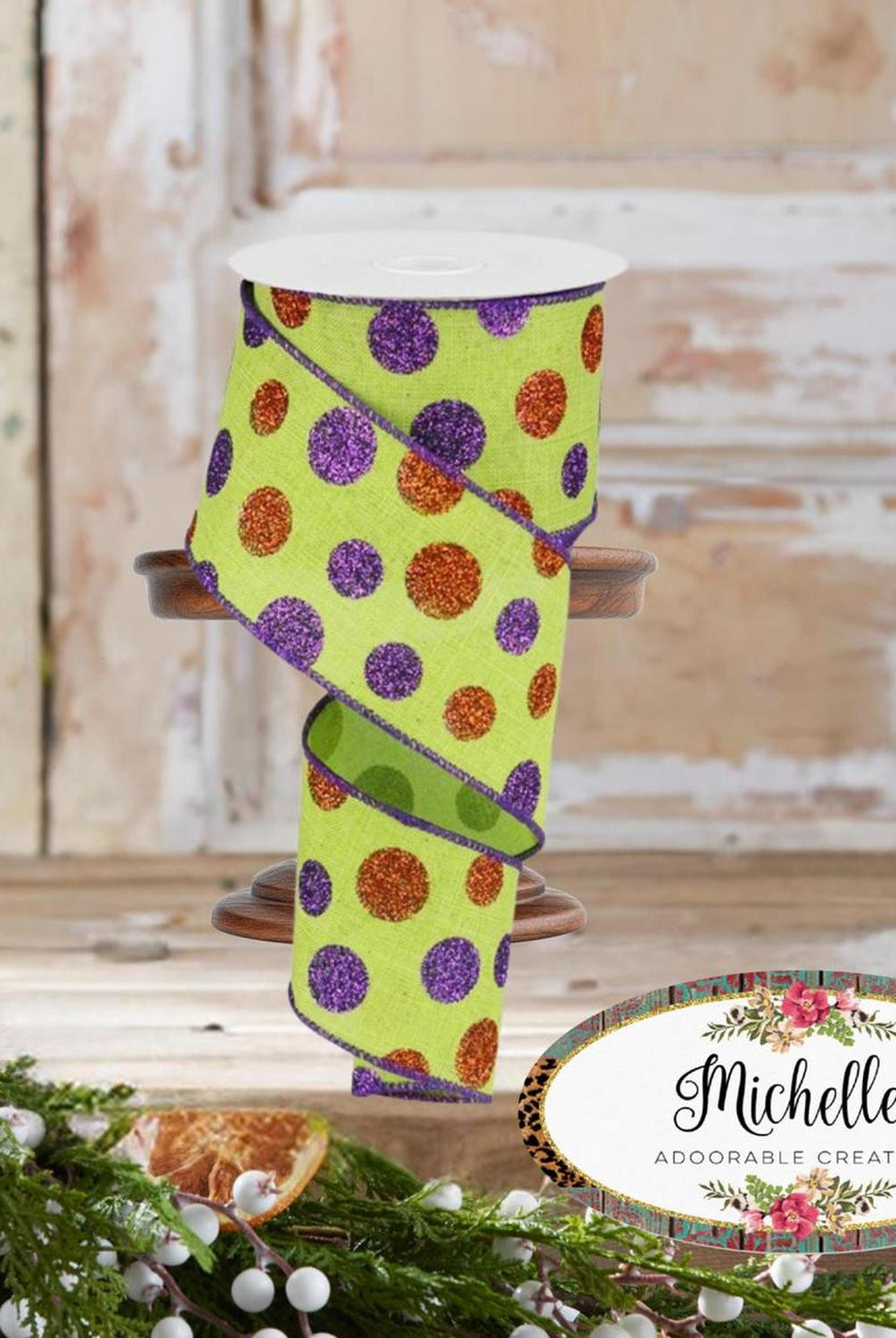 Shop For 2.5" Lime Green Ribbon with Multi Glitter Dots