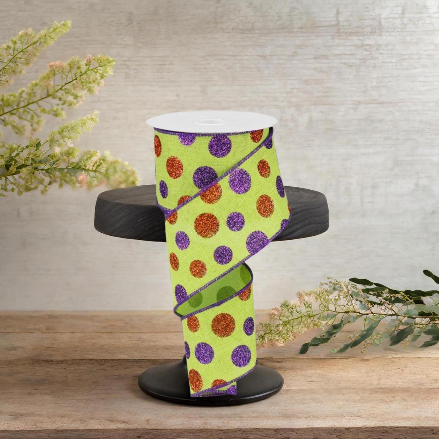 Shop For 2.5" Lime Green Ribbon with Multi Glitter Dots
