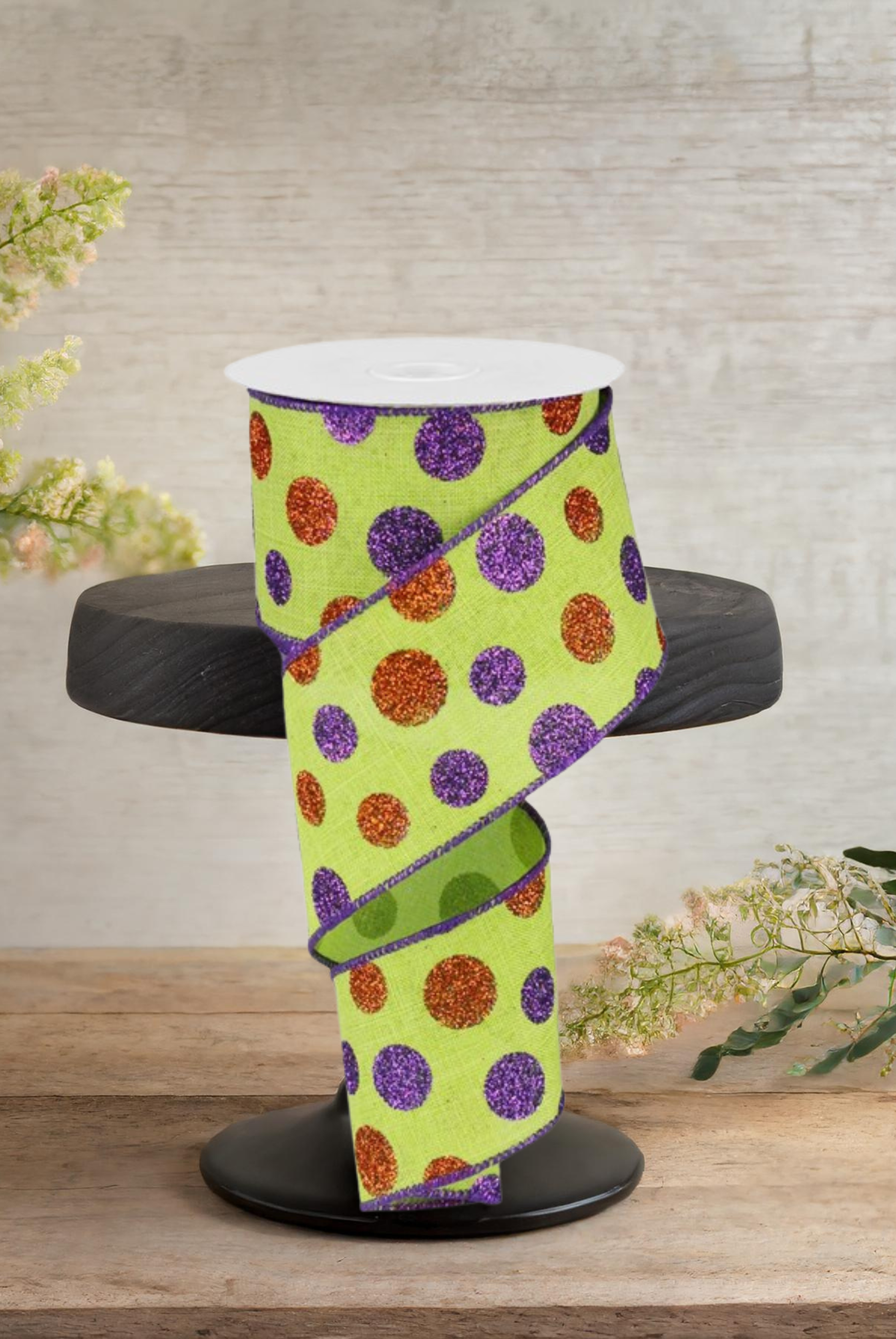 Shop For 2.5" Lime Green Ribbon with Multi Glitter Dots