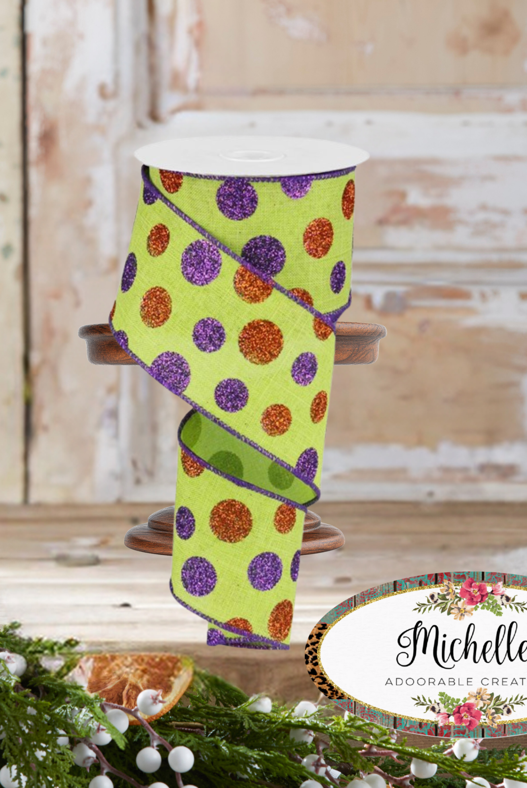 Shop For 2.5" Lime Green Ribbon with Multi Glitter Dots