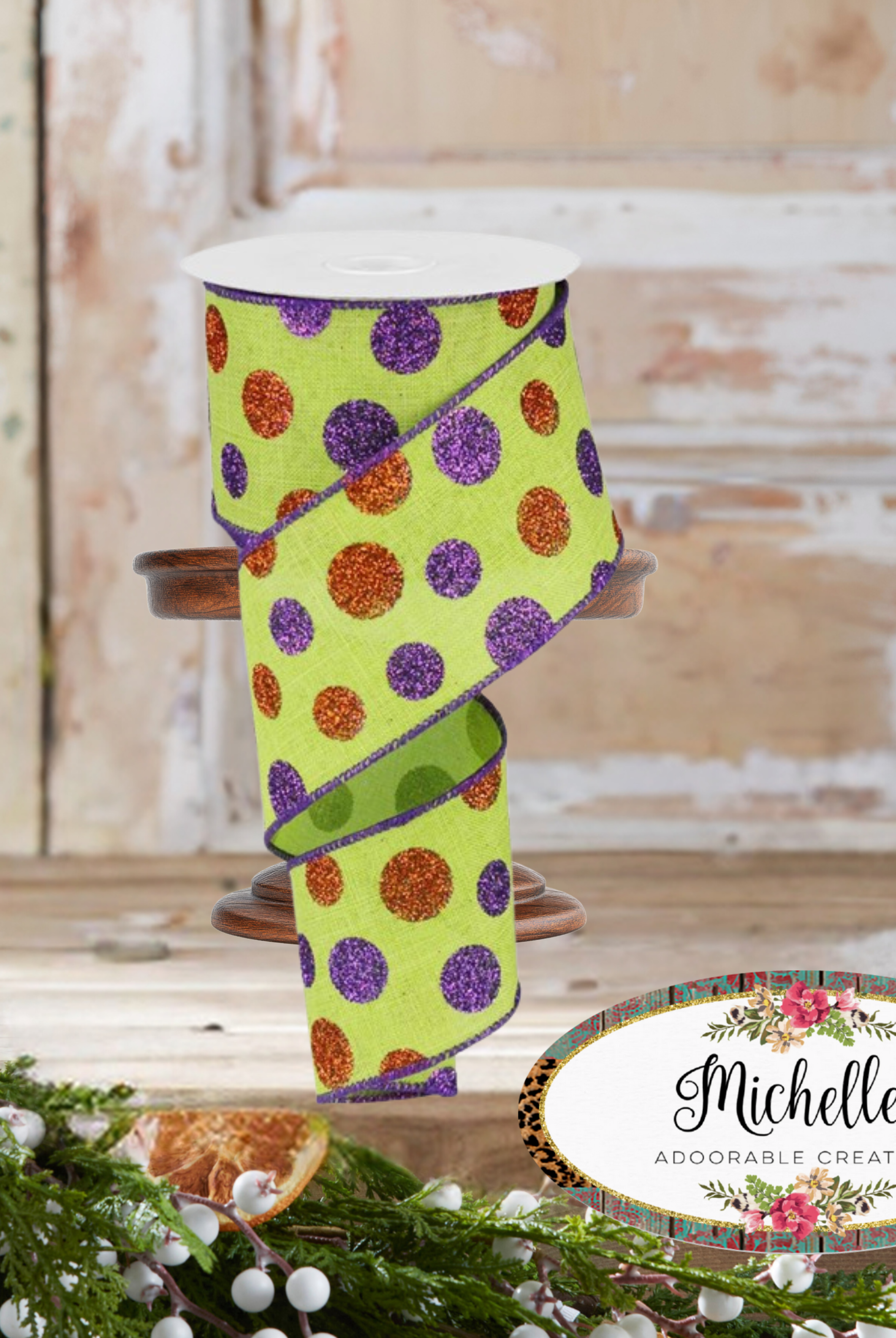 Shop For 2.5" Lime Green Ribbon with Multi Glitter Dots